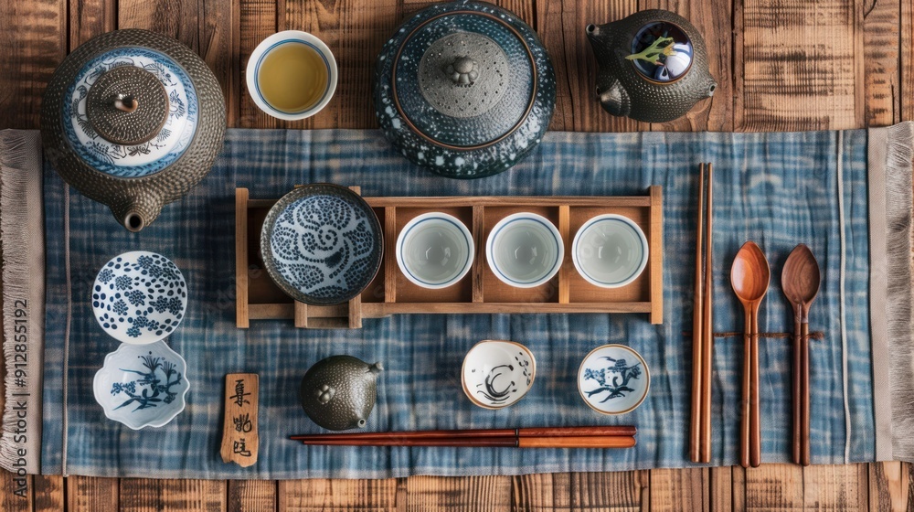 Zen tea ceremony setup with traditional tea utensils. Zen tea ceremony setup with traditional tea utensils.