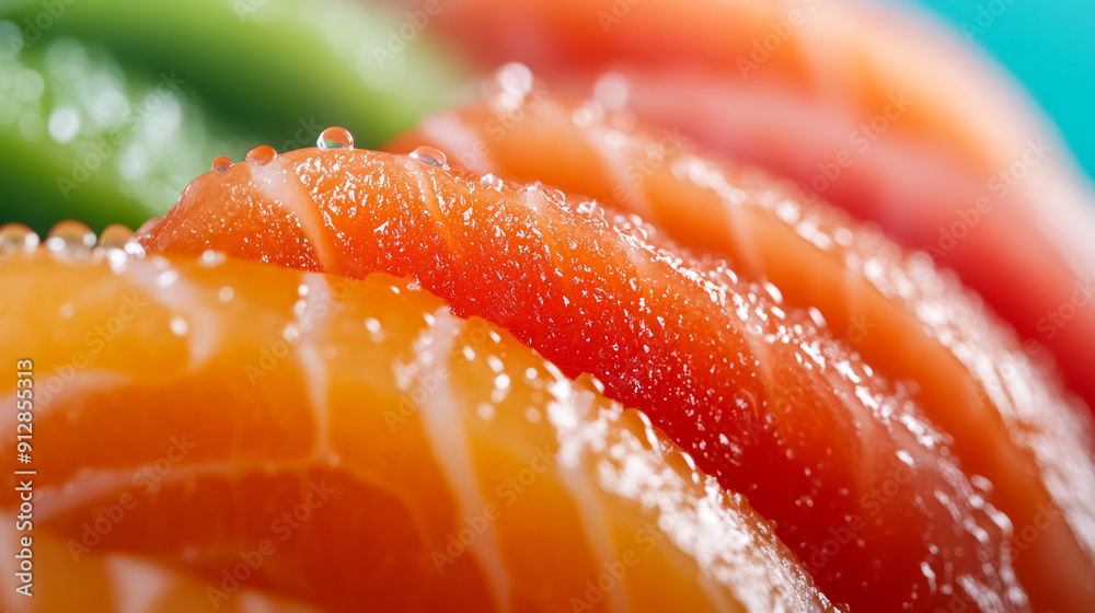 Macro shot of the texture of sushi showcasing the glistening raw fish slices atop compacted rice with vibrant colors Macro shot of the texture of sushi showcasing the glistening raw fish slices atop compacted rice with vibrant colors