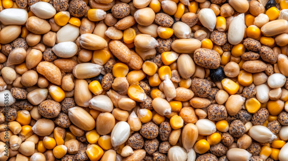 Macro shot of the texture of turkey feed showcasing the mix of cracked corn grains and protein pellets Macro shot of the texture of turkey feed showcasing the mix of cracked corn grains and protein pellets