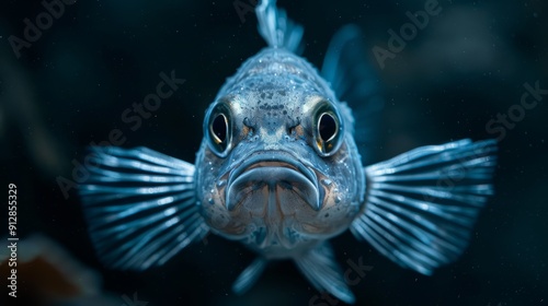 Close-up of a blue fish swimming in a deep ocean environment