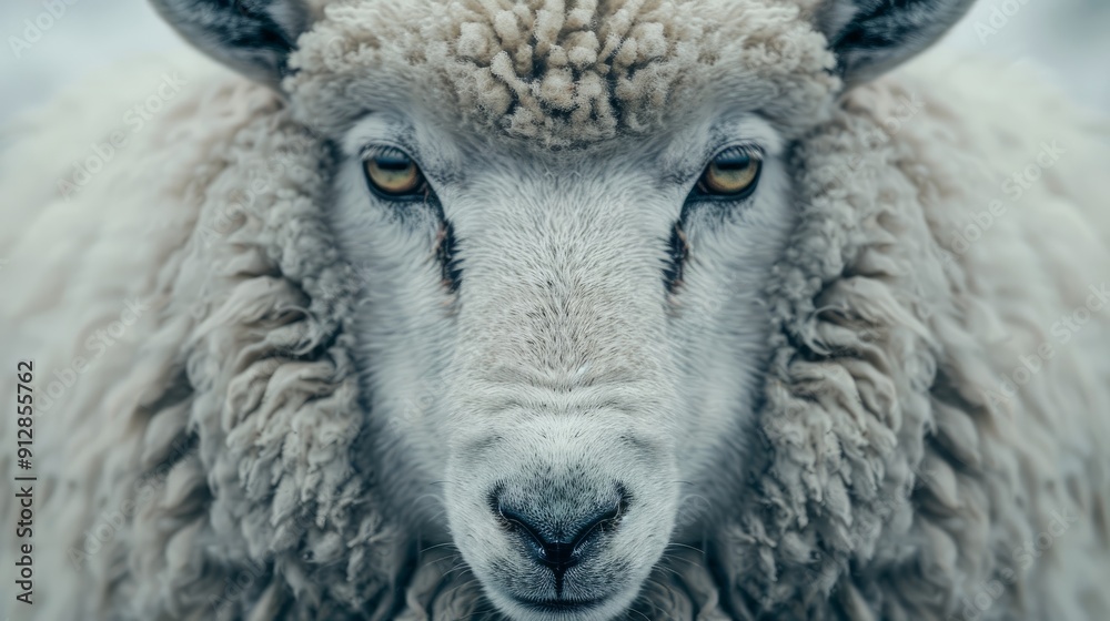 Close-up portrait of a sheep with thick wool in a foggy pasture at dawn Close-up portrait of a sheep with thick wool in a foggy pasture at dawn