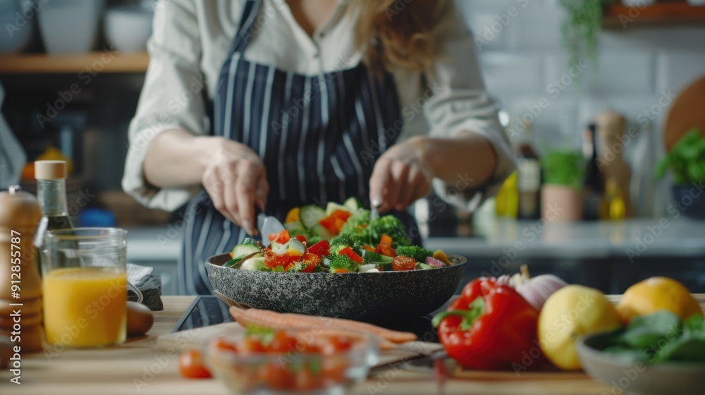 A woman preparing a colorful salad in the kitchen. A woman preparing a colorful salad in the kitchen.