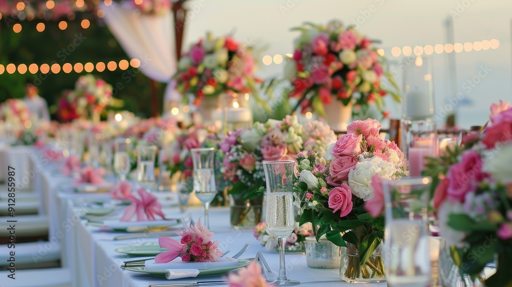 Elegant Wedding Reception Table Setting Featuring Beautiful Flower Arrangements and Decor for a Romantic Celebration in a Luxury Venue Elegant Wedding Reception Table Setting Featuring Beautiful Flower Arrangements and Decor for a Romantic Celebration in a Luxury Venue