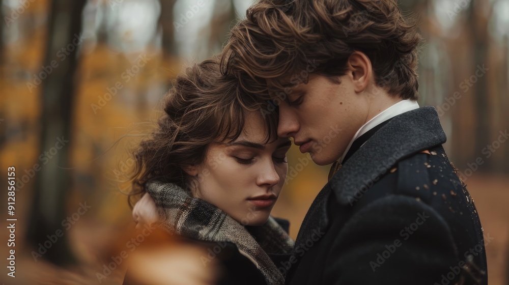 Autumn embrace between two young lovers in a forest clearing Autumn embrace between two young lovers in a forest clearing