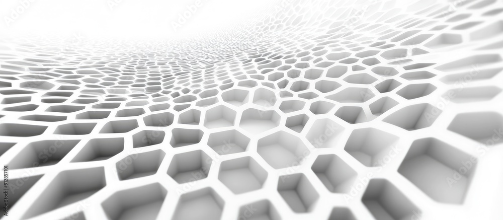 Fototapeta premium Geometric grid pattern featuring a white hexagon in perspective Contemporary background design with technological lines and light gray gradient
