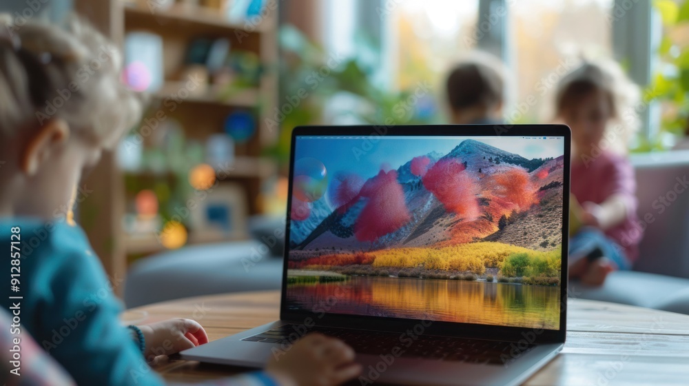 Laptop screen at home with children playing in the background. Laptop screen at home with children playing in the background.