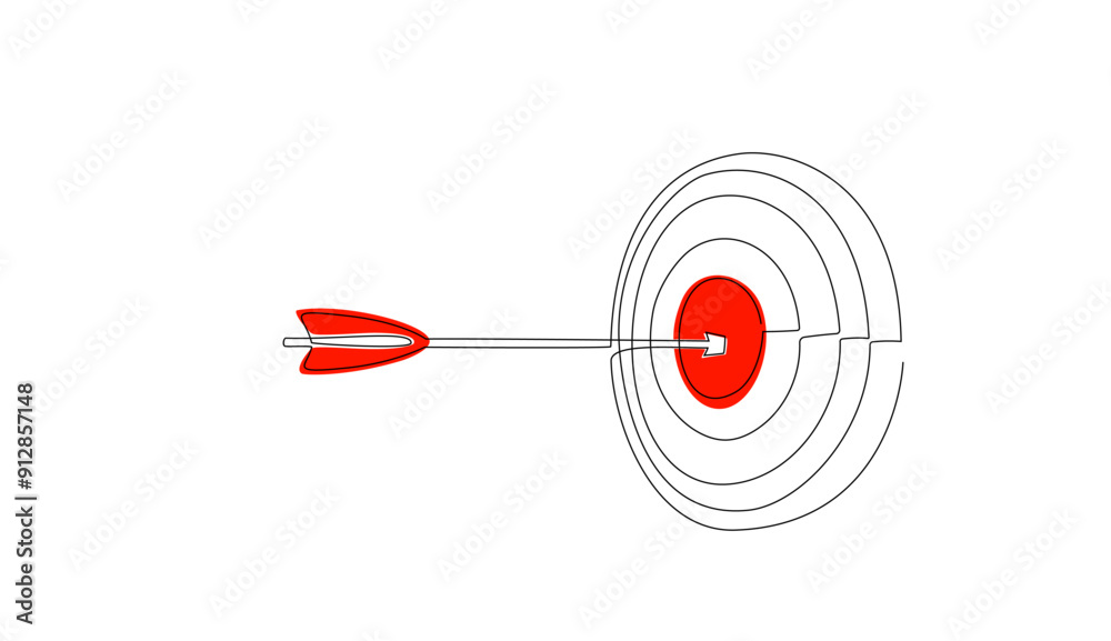 Target with arrow in continuous line style. Single one line illustration with red goal circle and arrow in center white background. Business strategy concept. Arrow in target pad. Vector illustration Target with arrow in continuous line style. Single one line illustration with red goal circle and arrow in center white background. Business strategy concept. Arrow in target pad. Vector illustration