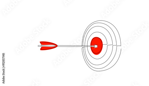 Target with arrow in continuous line style. Single one line illustration with red goal circle and arrow in center white background. Business strategy concept. Arrow in target pad. Vector illustration