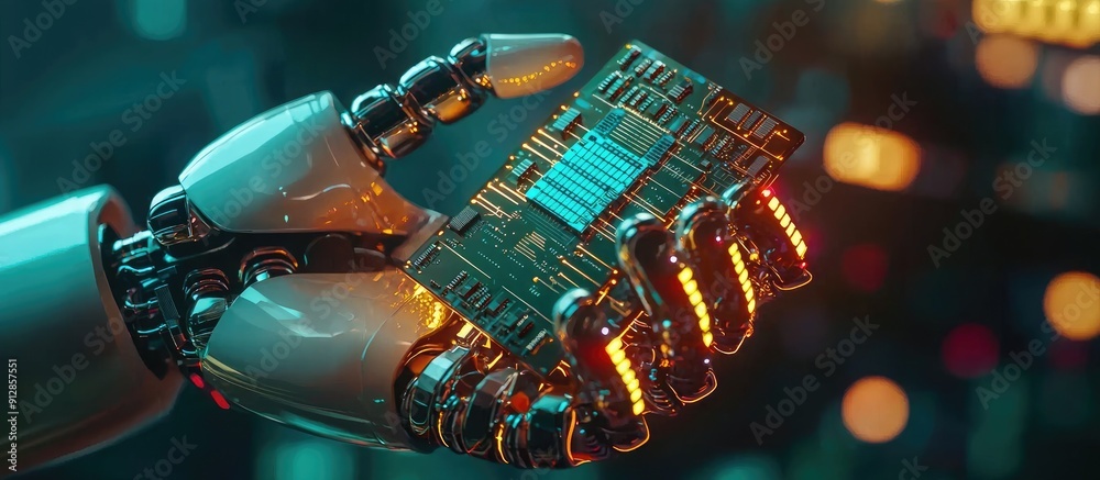 Futuristic Humanoid Robot Hand Grasping Advanced Microchip with Glowing Processor Integration of Artificial Intelligence Technology Futuristic Humanoid Robot Hand Grasping Advanced Microchip with Glowing Processor Integration of Artificial Intelligence Technology