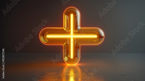 Glowing plus symbol in a dimly lit studio