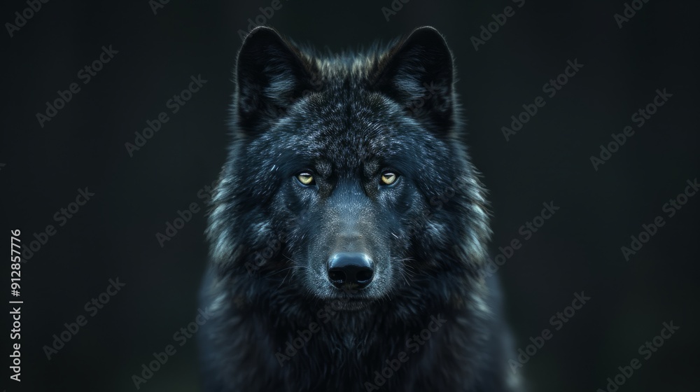 Majestic black wolf staring intently in a dark forest during early evening Majestic black wolf staring intently in a dark forest during early evening