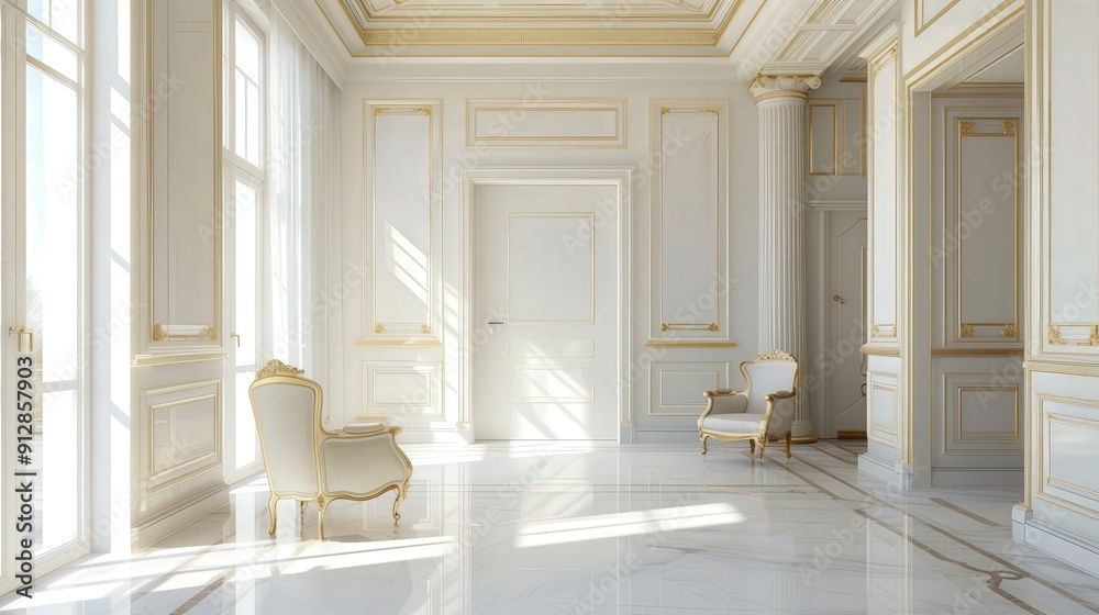 Fototapeta premium Elegant white interior with gold trim and marble floor.
