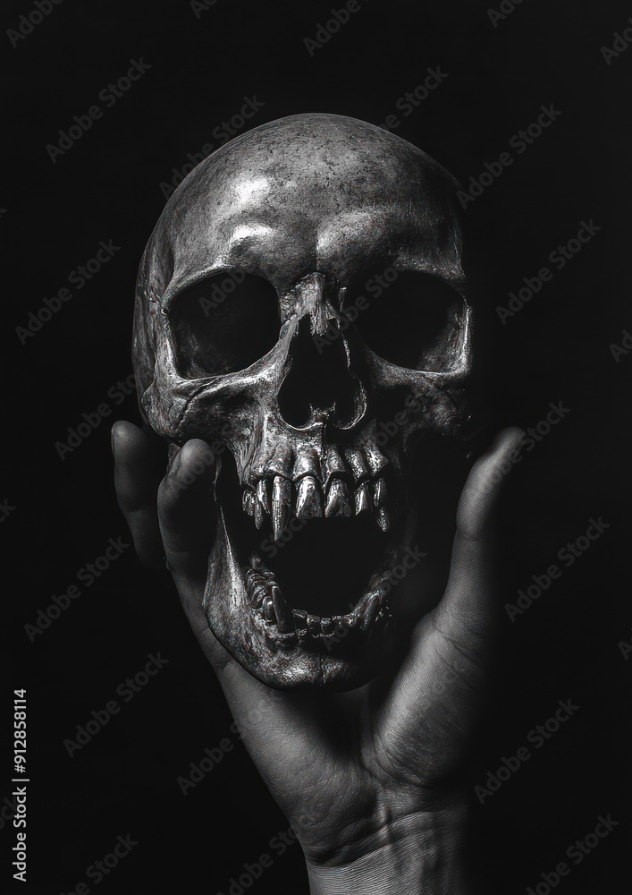 Obraz premium Monochrome image of a skull lifted by a hand solemnly.