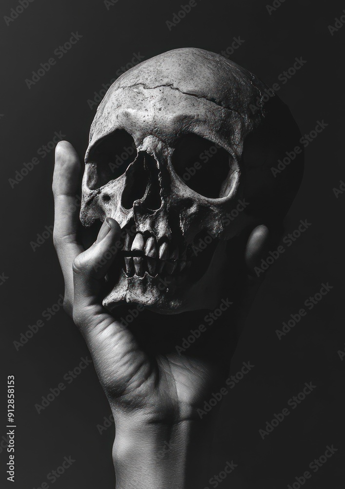 Hand holding a skull in moody, dark atmosphere.