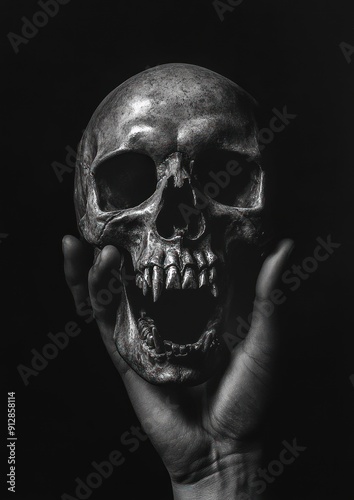 Monochrome image of a skull lifted by a hand solemnly. photo