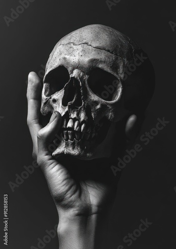 Hand holding a skull in moody, dark atmosphere. photo