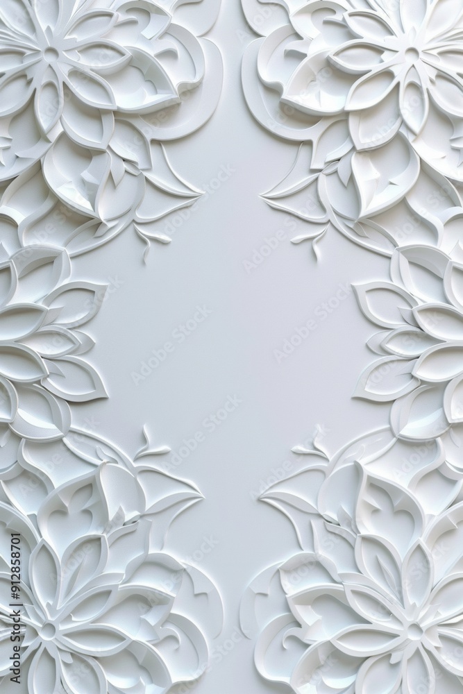 White ornate floral pattern on white background. White ornate floral pattern on white background.