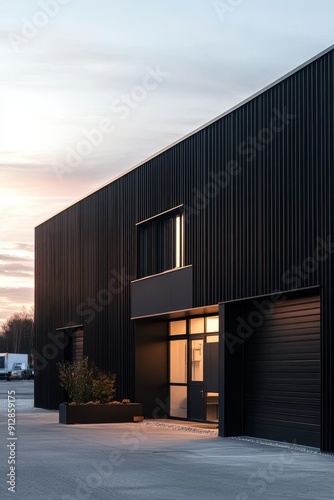 Exterior of a modern warehouse with a small office unit