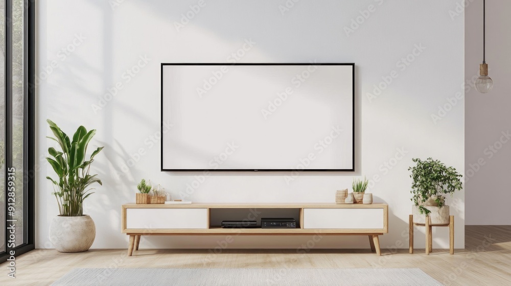 Fototapeta premium Minimalist Living Room Interior Design with TV and Plants