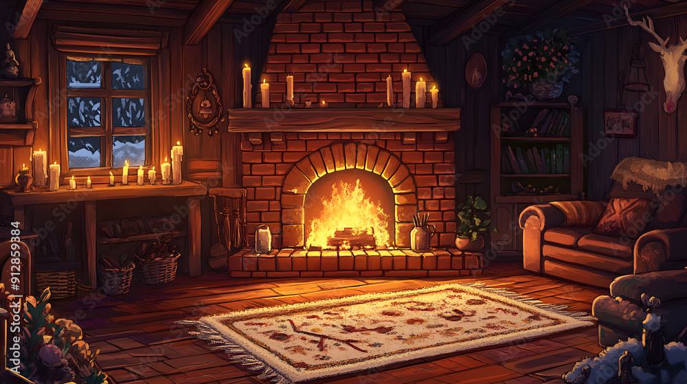 Obraz premium Hand-Drawn Brick Fireplace in Cozy Wooden House with Furniture and Carpet