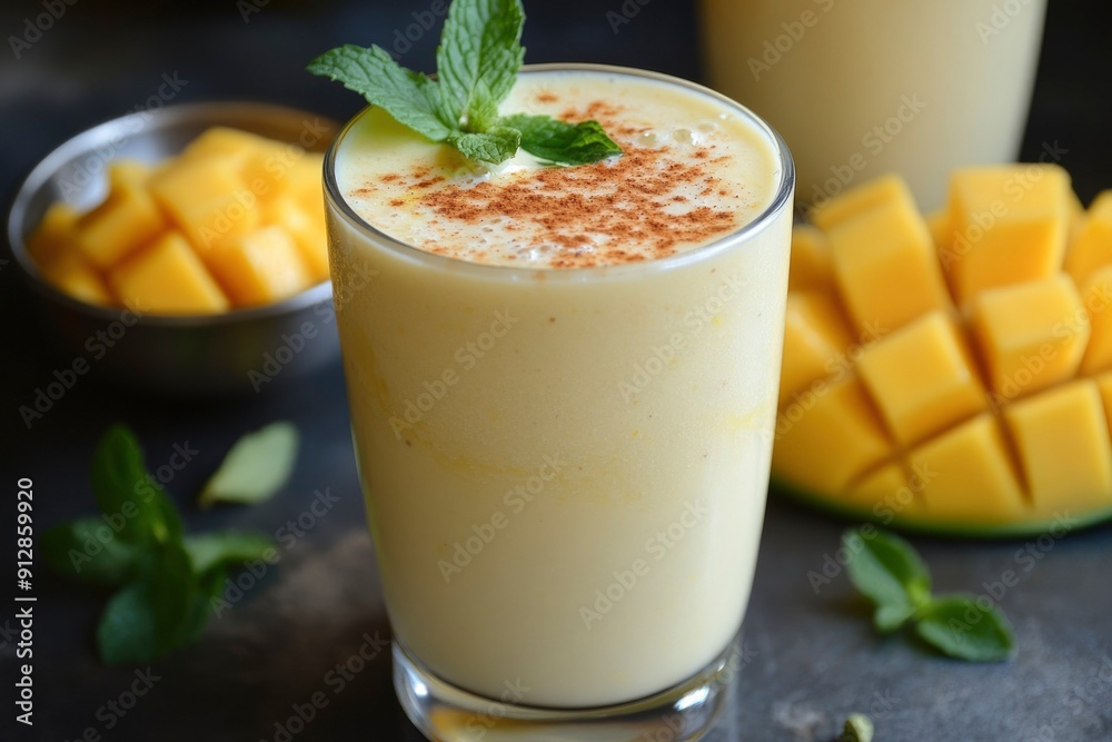 Glass of Mango Smoothie with Cinnamon and Mint Garnish Glass of Mango Smoothie with Cinnamon and Mint Garnish