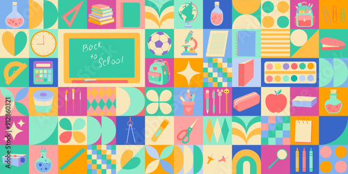 A colorful collage of school supplies and a clock with the words "Back to School" written on it. Bauhaus style