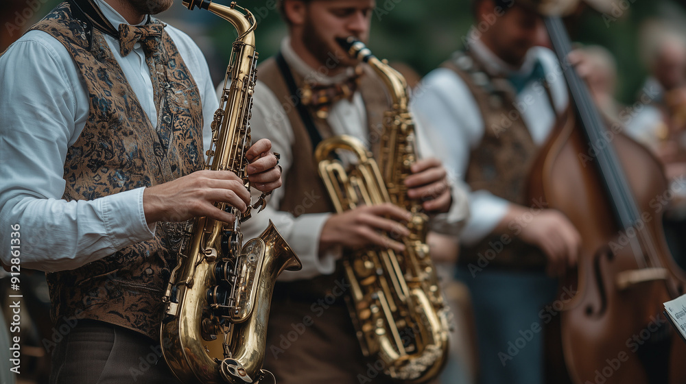 Naklejka premium A Bavarian band in festive costumes performs traditional music, capturing the joy of Oktoberfest. 