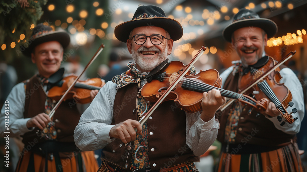 Fototapeta premium Wearing colorful, festive costumes, a Bavarian band plays traditional music, radiating the vibrant energy of Oktoberfest. 