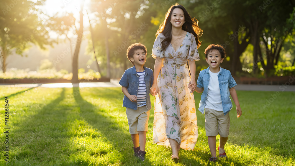 Obraz premium Mother and children walking in nature field at sunset. Family parenting, and motherhood concept.