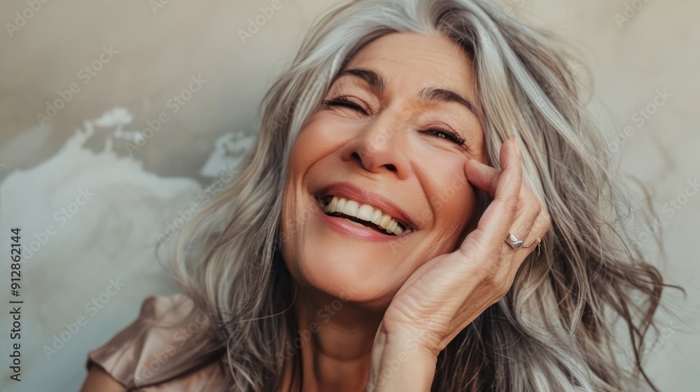 Fototapeta premium Older woman laughing joyfully with genuine happiness.