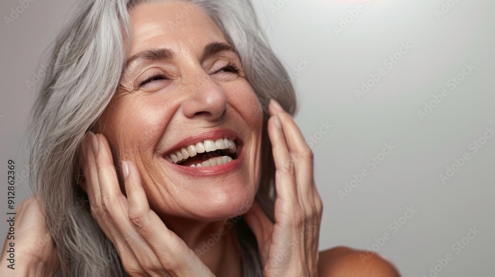 Happy elderly woman with a big smile, eyes closed. Happy elderly woman with a big smile, eyes closed.