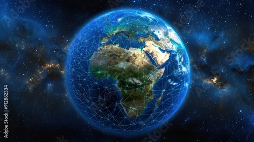 Fototapeta Naklejka Na Ścianę i Meble -  A digital rendering of Earth with glowing network connections, viewed from space, focusing on Africa.