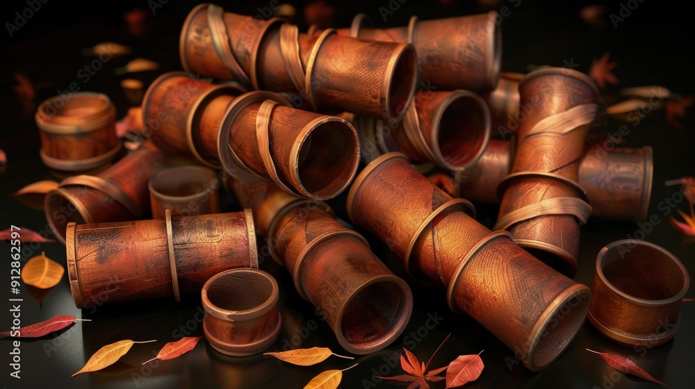 A pile of wooden cylinders on a polished surface, with leaves scattered around. A pile of wooden cylinders on a polished surface, with leaves scattered around.