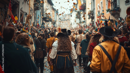 A lively Bavarian parade with costumes fills the streets, embodying the spirit of Oktoberfest.
