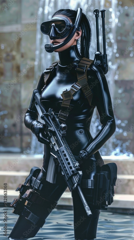 Naklejka premium Stealth operator waiting in shallow water near fountain