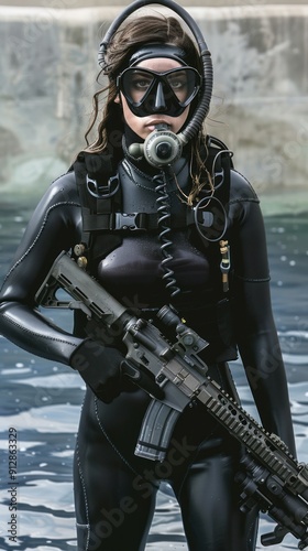 Diver woman in tactical gear with rifle underwater photo