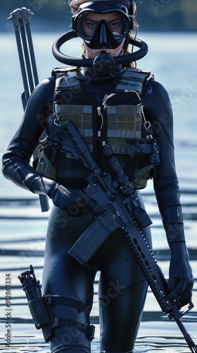 Black-clad diver with tactical rifle gear standing still photo