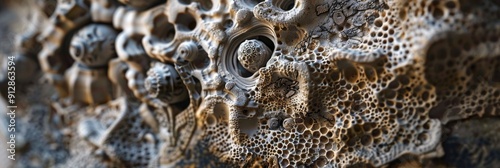 Macro photograph of a detailed stone carving with soil particles reinforced by organic binder products showing bacteria interacting with the soil photo