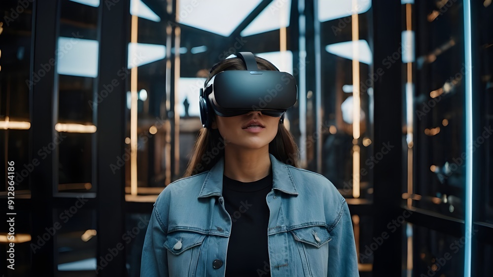 portrait of a modern woman. Metaverse and virtual reality portrait of a modern woman. Metaverse and virtual reality
