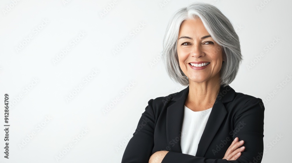 Elegant senior businesswoman with grey hair, smiling and standing confidently against a white background. Ideal for professional themes with ample copy space. Elegant senior businesswoman with grey hair, smiling and standing confidently against a white background. Ideal for professional themes with ample copy space.