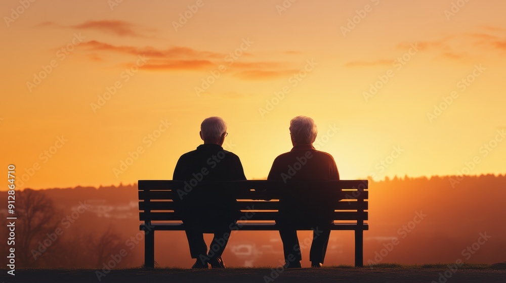 Obraz premium Elderly Couple Enjoying Sunset Together on Park Bench.