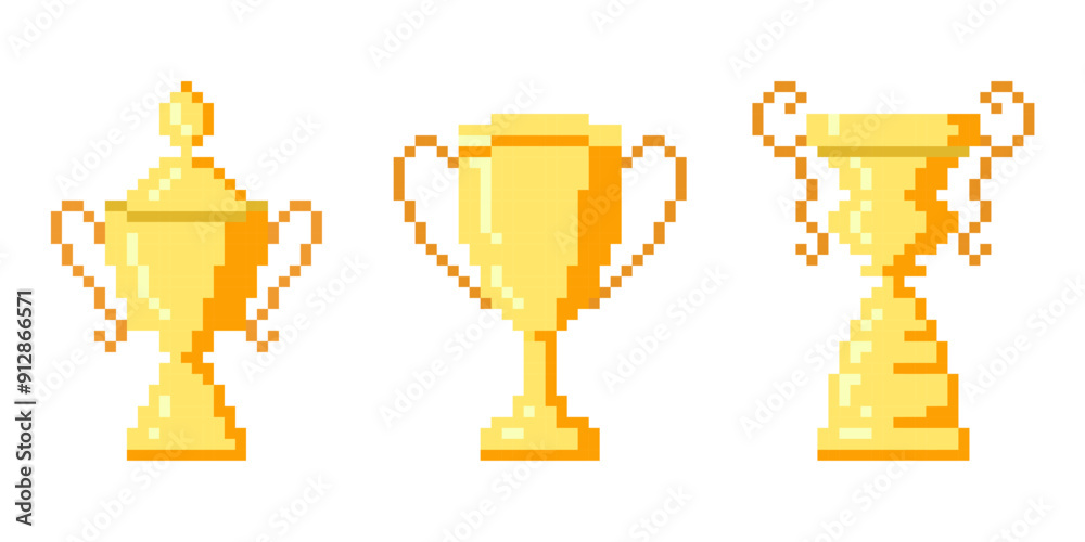 Golden pixel trophy cup isolated on white background. Symbol of Victory. Flat design. Vector illustration. Golden pixel trophy cup isolated on white background. Symbol of Victory. Flat design. Vector illustration.