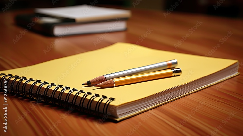 Close-up shot of a coffee cup, open notebook, and a pencil arranged on a yellow surface. Add subtle elements like steam rising from the coffee to enhance the break-time ambiance. Close-up shot of a coffee cup, open notebook, and a pencil arranged on a yellow surface. Add subtle elements like steam rising from the coffee to enhance the break-time ambiance.