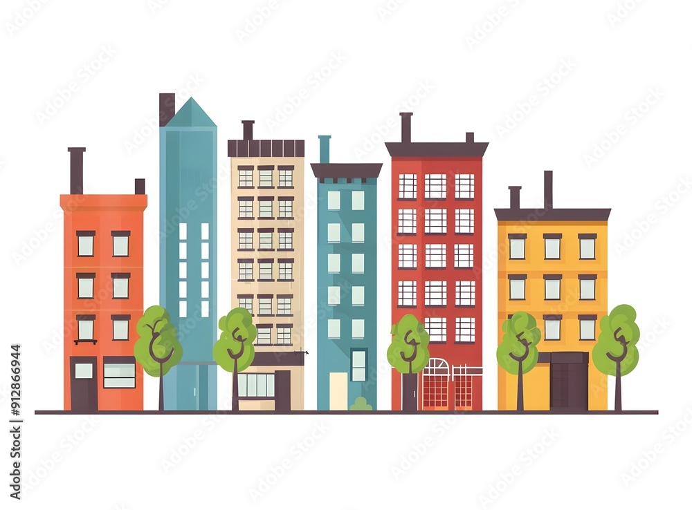 Colorful Cityscape Illustration with Buildings and Trees Colorful Cityscape Illustration with Buildings and Trees