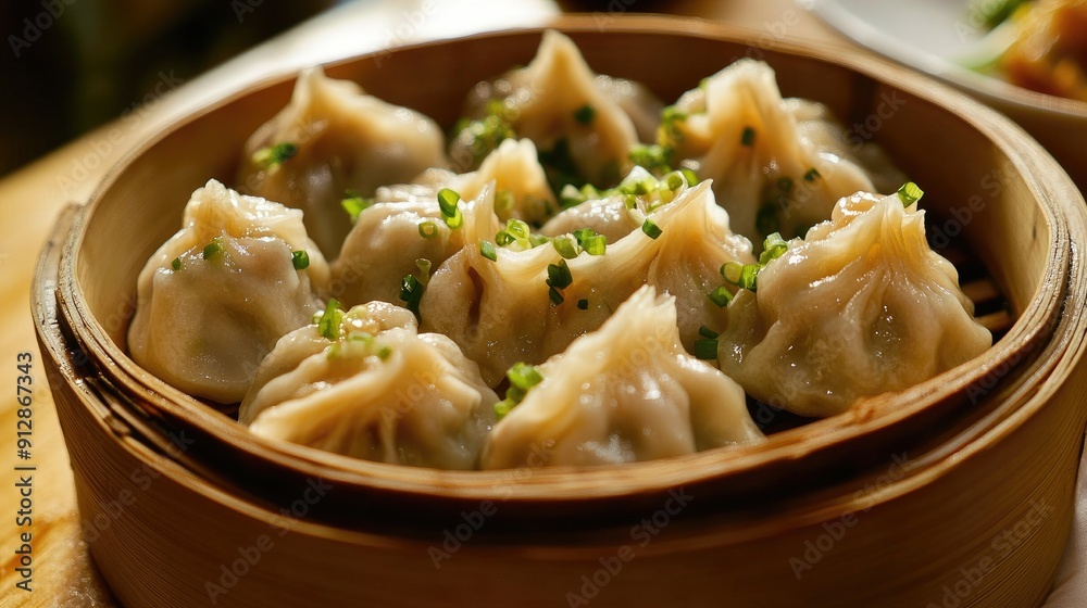 Dumplings served in a bamboo basket, garnished with scallions, providing an inviting and authentic dining experience Dumplings served in a bamboo basket, garnished with scallions, providing an inviting and authentic dining experience