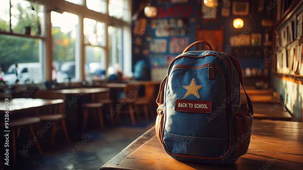 A school backpack with a prominent star and A school backpack with a prominent star and