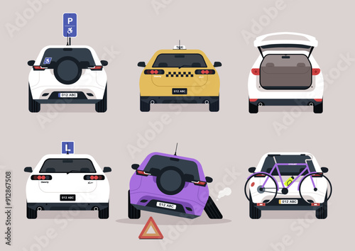 A lively arrangement of cars showcasing various parking signs, colors, and accessories, creating a fun and humorous take on urban vehicle scenarios