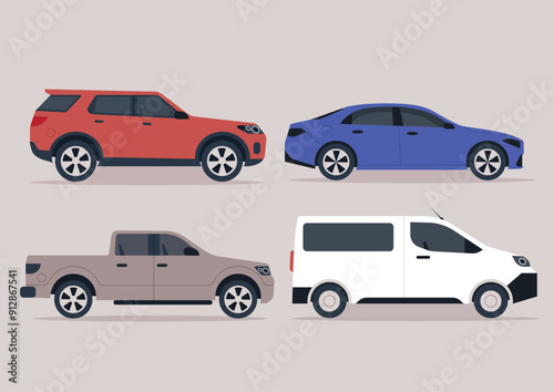 A vibrant display featuring four unique vehicles in varying colors, showcasing their shapes and styles