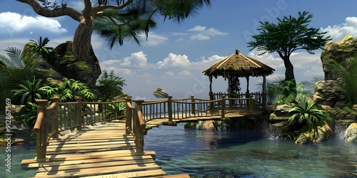 Wooden Bridge leading to a Tropical Gazebo