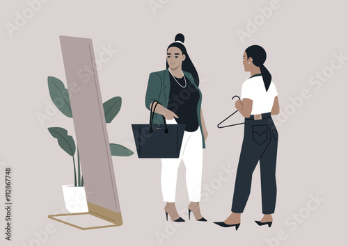 A fashion consultant guides her client while standing before a large mirror, showcasing a thoughtful selection of outfits